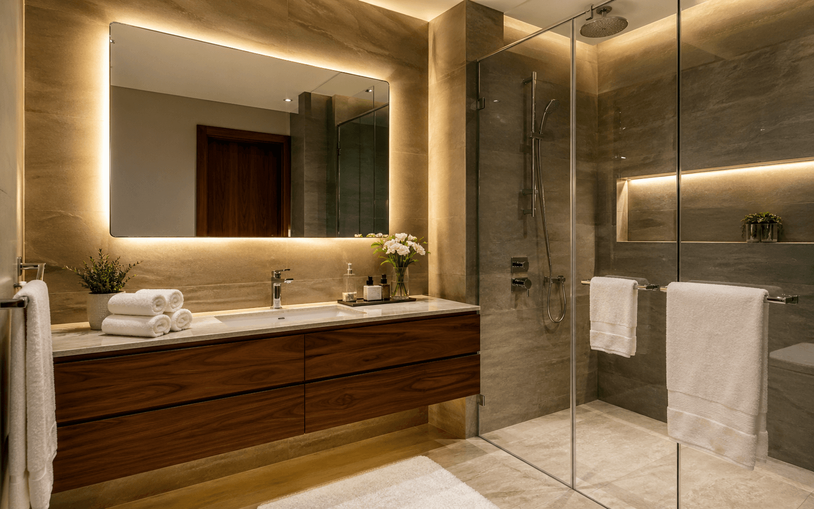 Spa-inspired bathroom with rainfall shower and warm stone