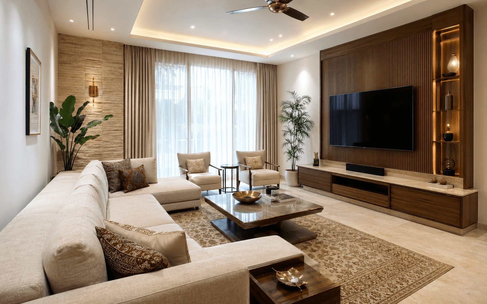 Luxe living room with warm stone accents and family seating