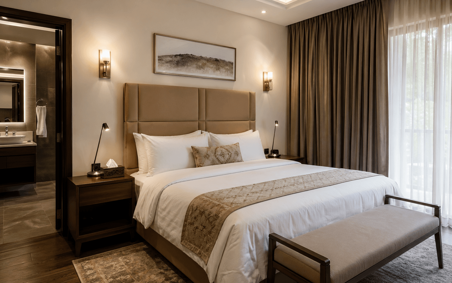 Hotel-grade master bedroom with warm neutral finishes